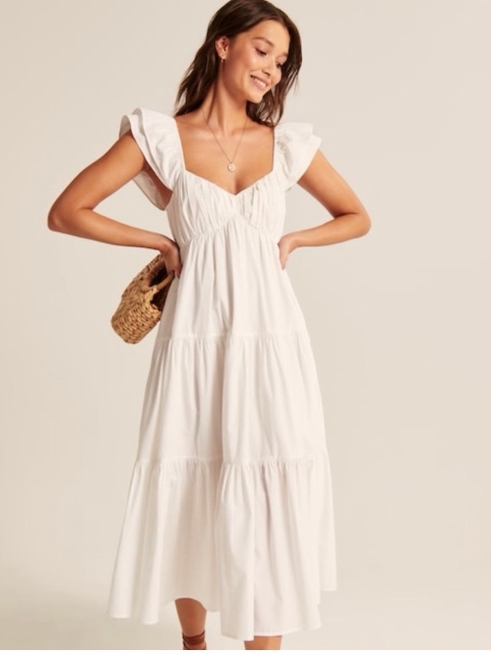 Abercrombie & Fitch Ruffle Flutter Sleeve White Tiered Sweetheart Midi Dress